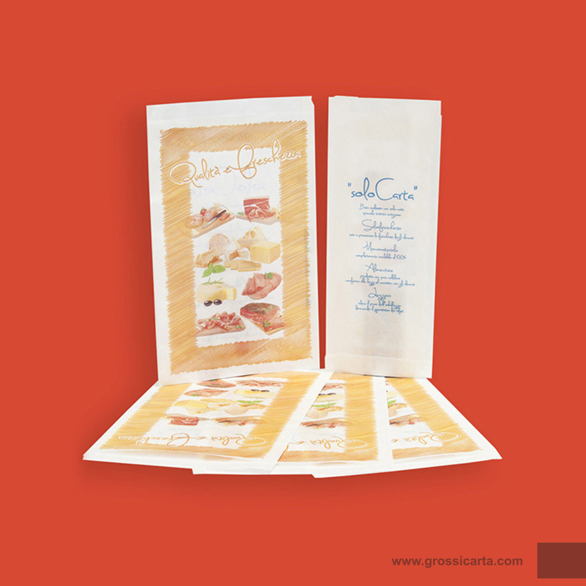 Sacchetti antigrasso per salumi e formaggi ''solo carta'' stampa ''qualità e freschezza'' Certificato FSC<sup>®</sup>