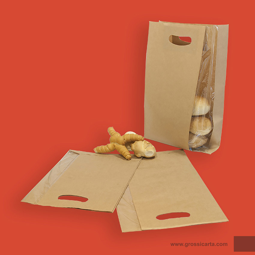 Sacchetto kraft avana ''pane self'' con finestra PPL microforato  Certificato FSC®, fornitura packaging, Sacchetti in carta