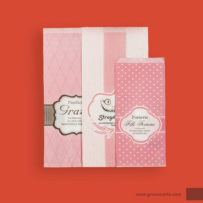 Sacchetto kraft bianco fondo stampa generica, fantasie color rosa, spazio per personalizzazione Certificato FSC<sup>®</sup>