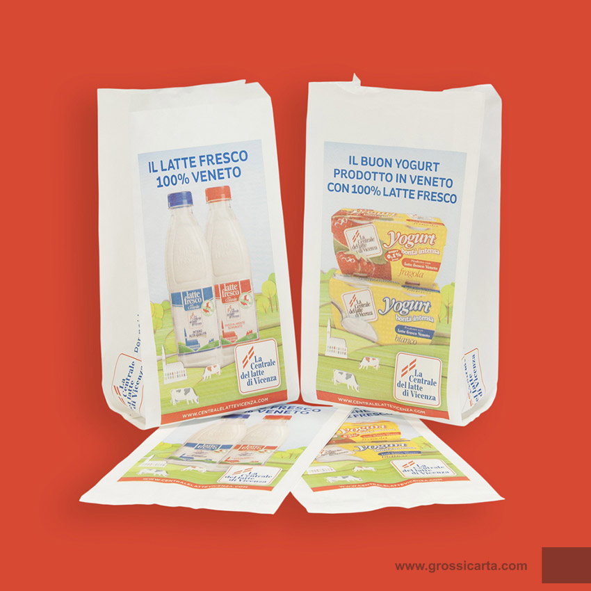 Sacchetto kraft bianco monolucido (KBM) stampa 5 colori cliente ''La Centrale del latte di Vicenza'' Certificato FSC<sup>®</sup>
