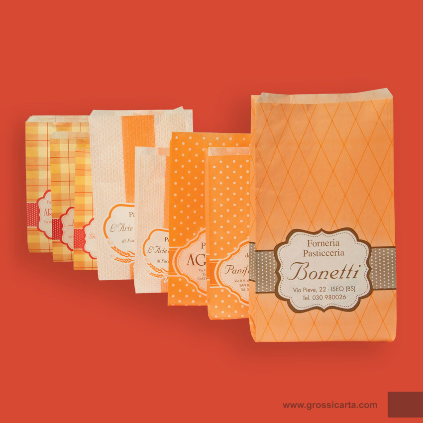 Sacchetto kraft bianco fondo stampa generica, fantasie color arancio, spazio per personalizzazione Certificato FSC<sup>®</sup>