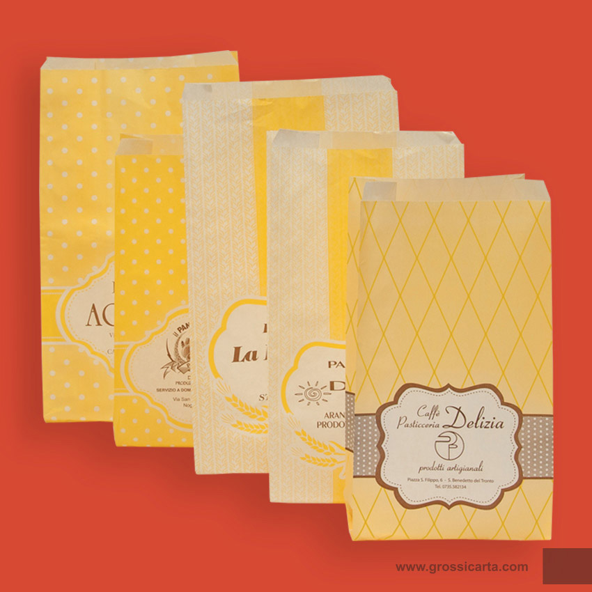 Sacchetto kraft bianco fondo stampa generica, fantasie color giallo, spazio per personalizzazione Certificato FSC<sup>®</sup>