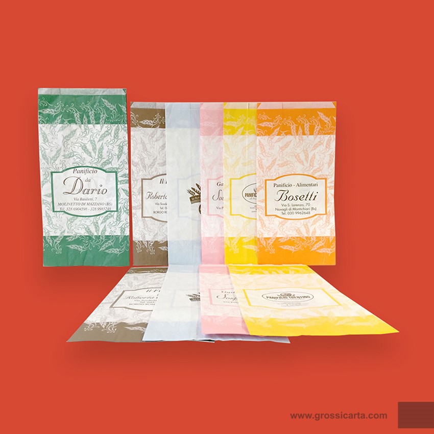 Sacchetto kraft bianco, fantasia spiga colori vari, spazio per personalizzazione Certificato FSC®