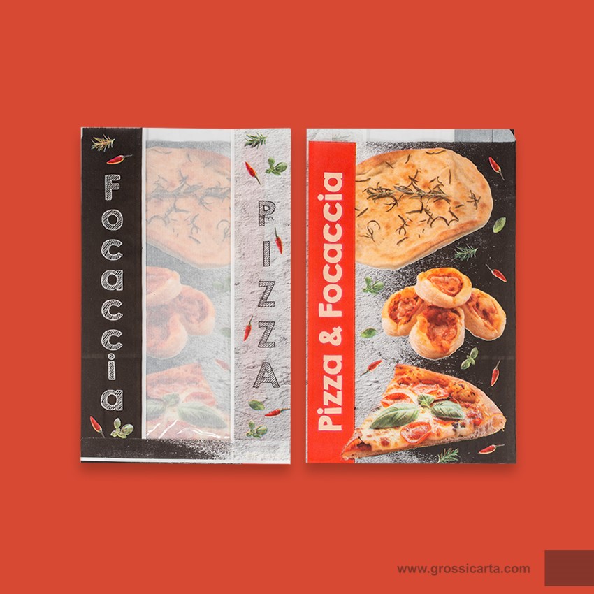 Sacchetto antigrasso con finestra stampa ''pizza e focaccia'' Certificato PEFC<sup>TM</sup>